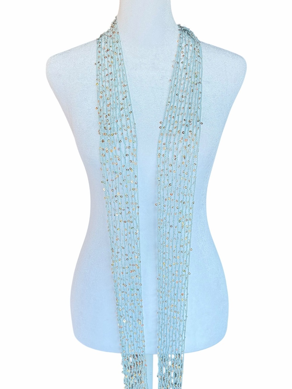Y2K Aqua Sequin Beaded Fringe Scarf Wrap Boho Festival Shimmer Blue